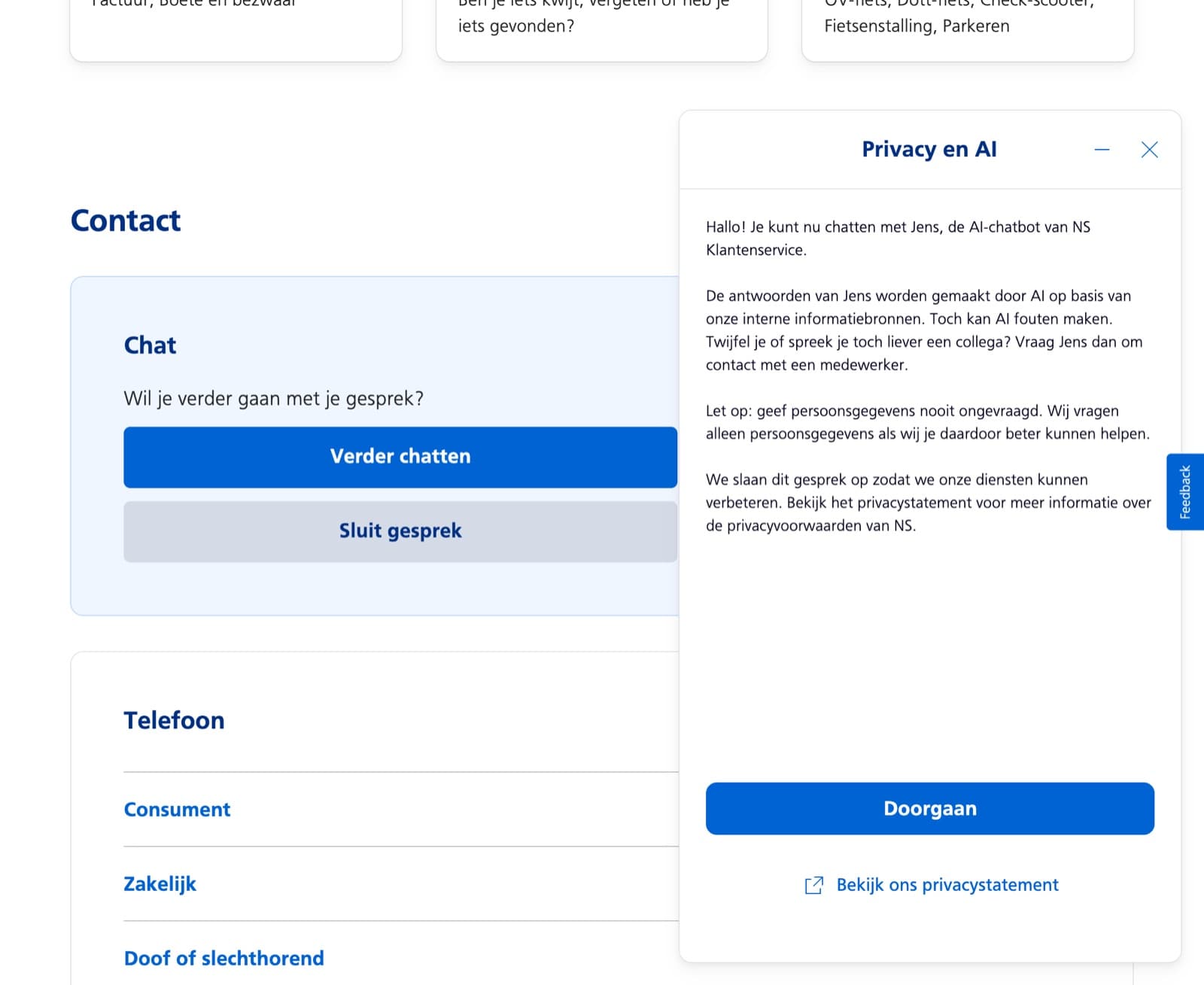 Het scherm Privacy en AI van NS legt voor de chat begint uit dat Jens een AI-chatbot is, dat AI fouten kan maken en hoe je een medewerker spreekt