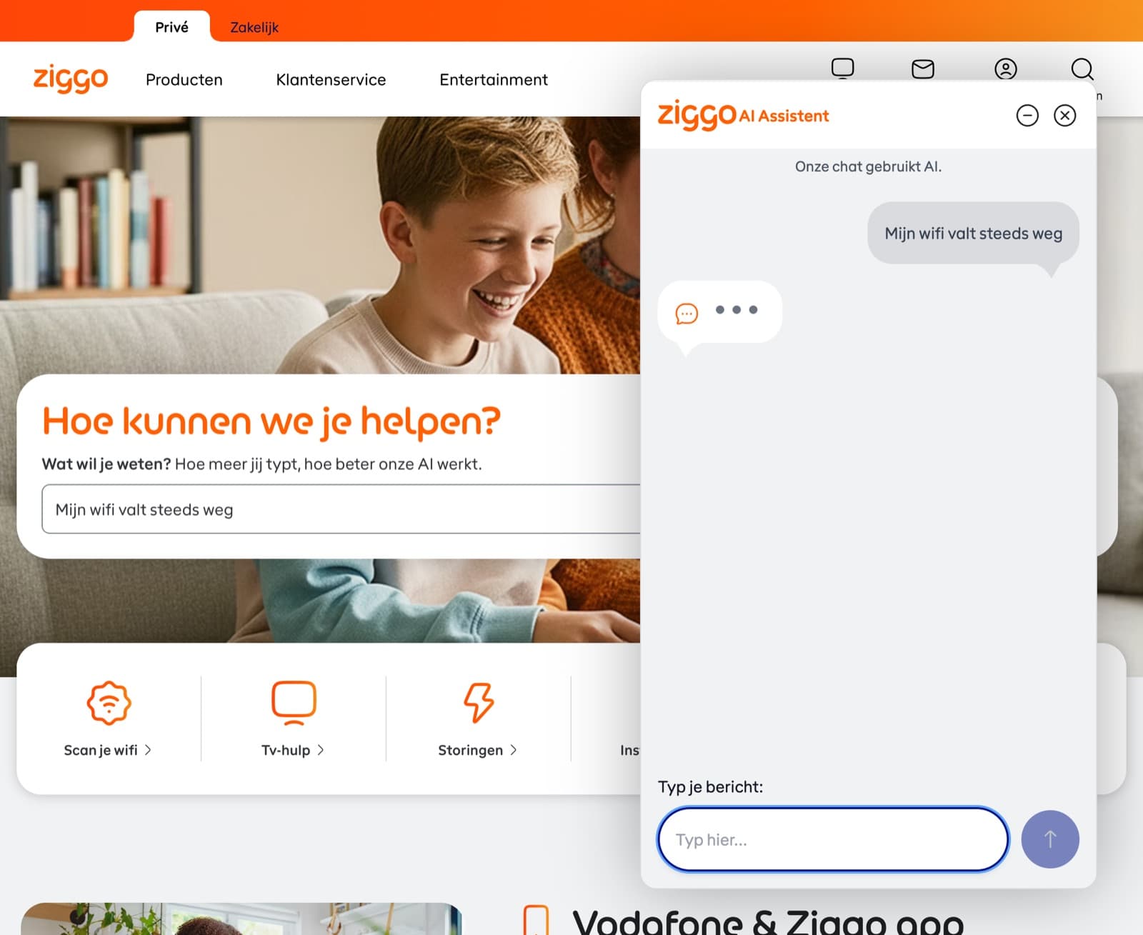 De Ziggo AI Assistent opent het gesprek met de melding: onze chat gebruikt AI